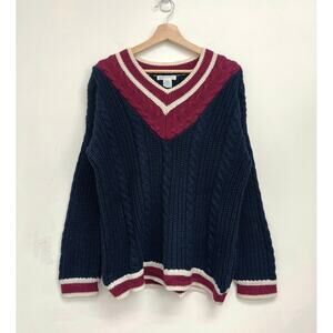 Vintage Cable Knit Tennis Prep Academia Collegiate Oversized V-Neck Sweater - S